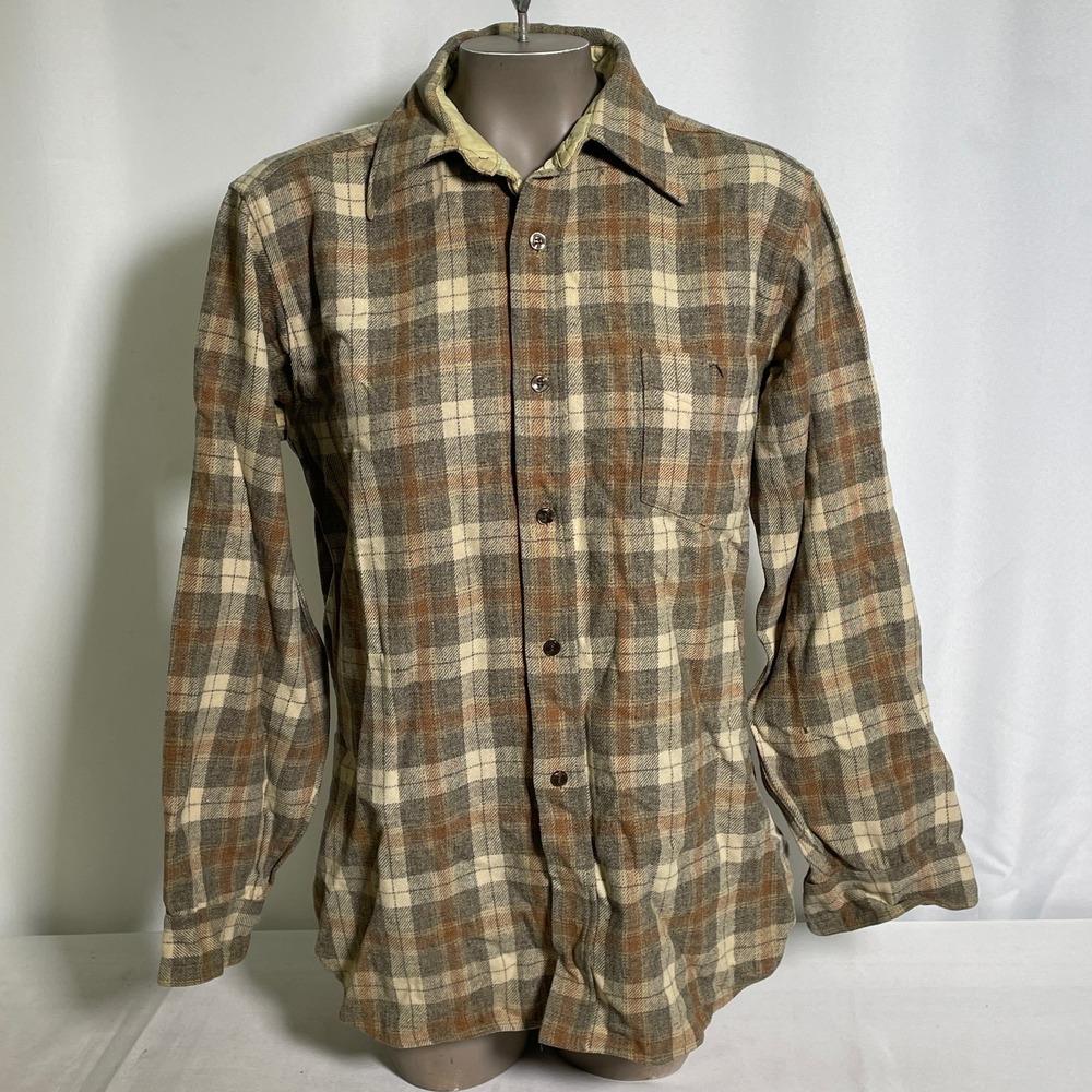 Pendleton 100% Virgin Wool Tan Plaid Longsleeve Button Down Shirt Women's MEDIUM